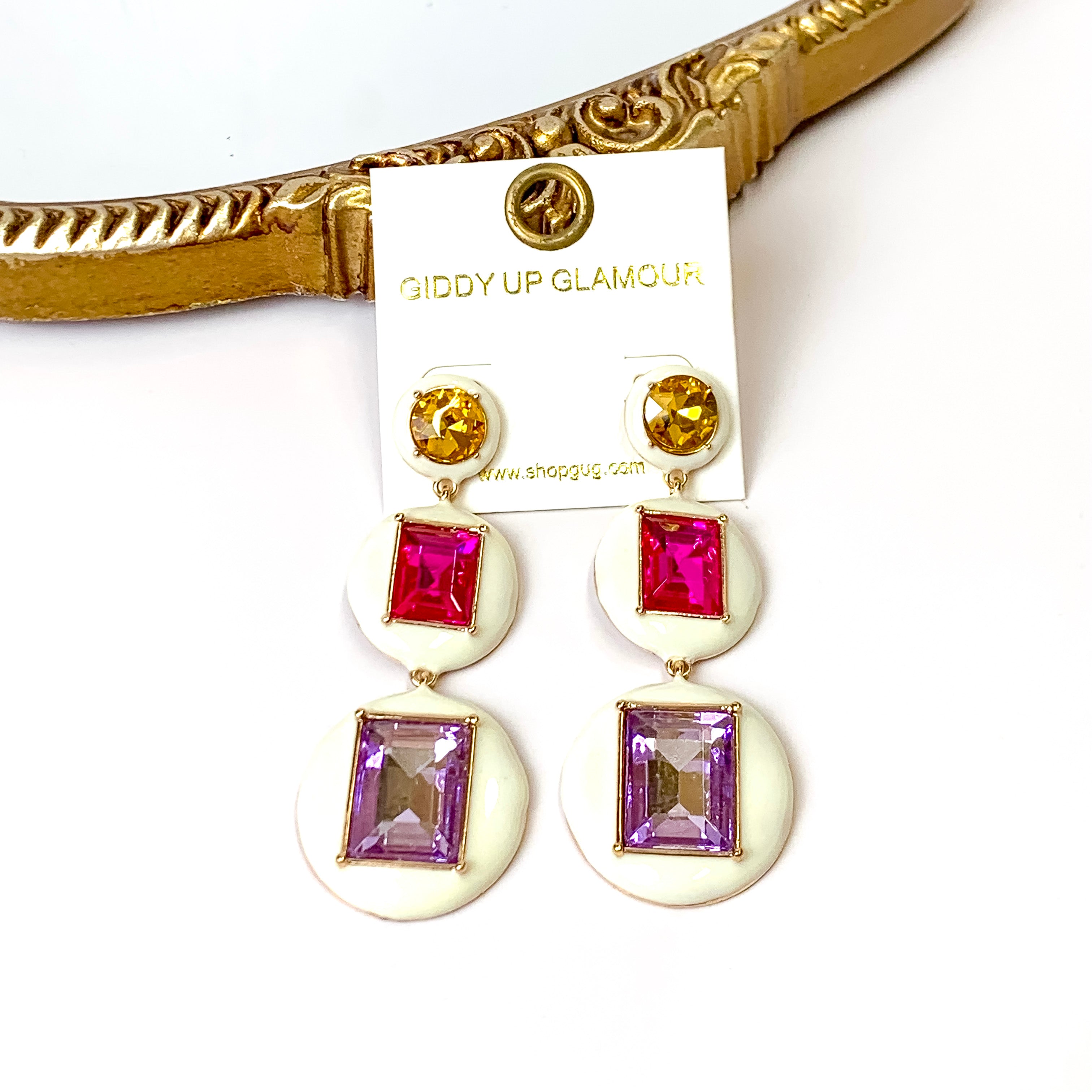 3 Tier Multicolor Enamel Framed Stone Drop Earrings in Ivory - Giddy Up Glamour Boutique