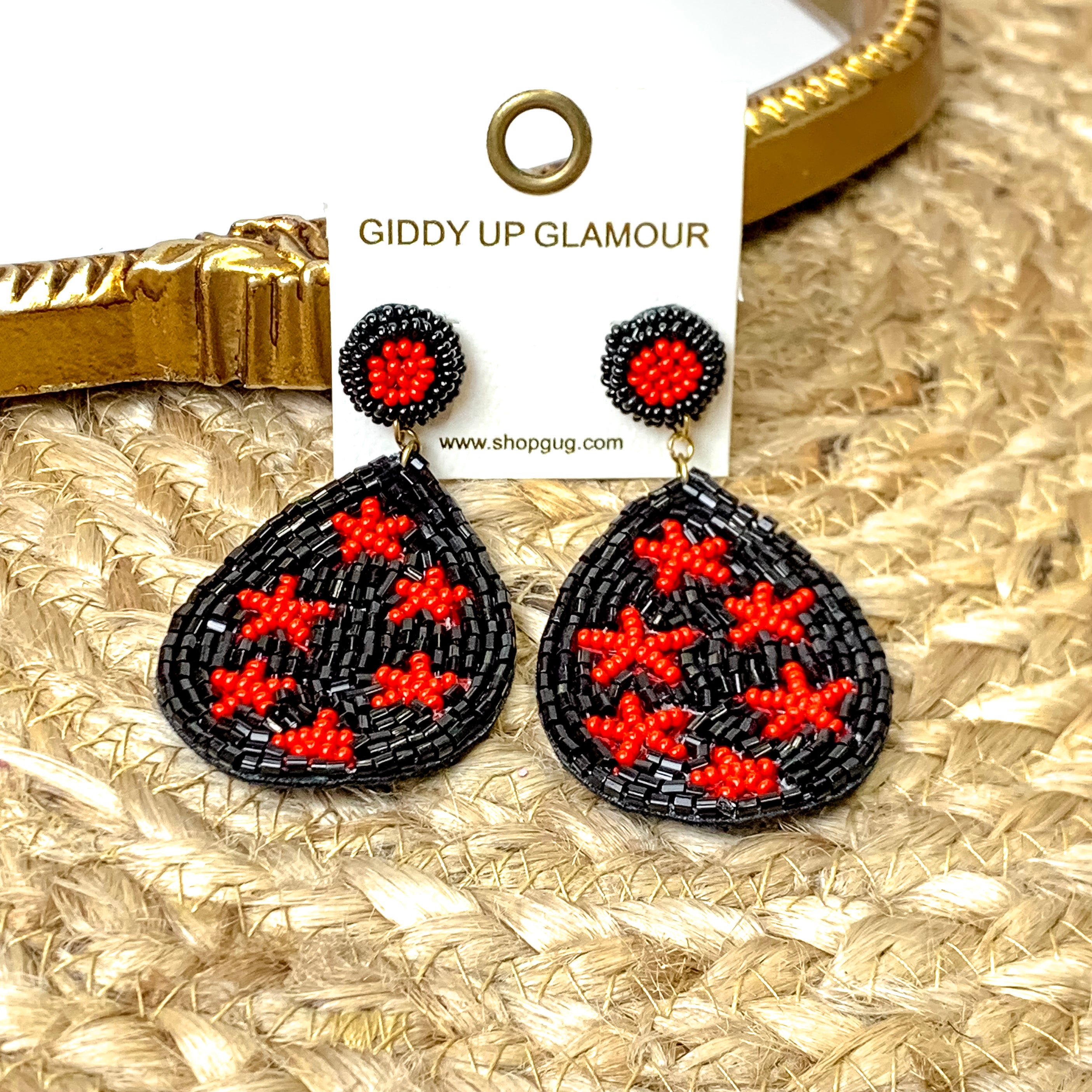Beaded Teardrop Dangle Earrings with Stars in Black and Red - Giddy Up Glamour Boutique