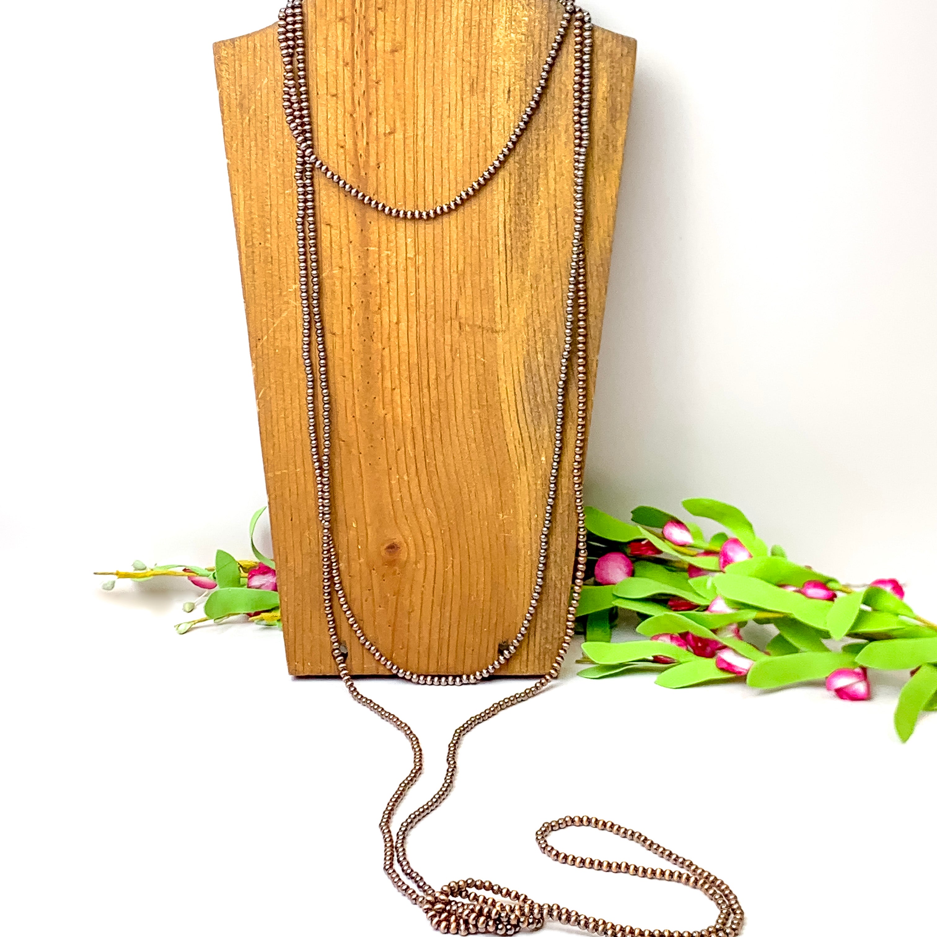 Extra Long Three Row Faux Navajo Pearl Layering Necklace in Copper Tone - Giddy Up Glamour Boutique