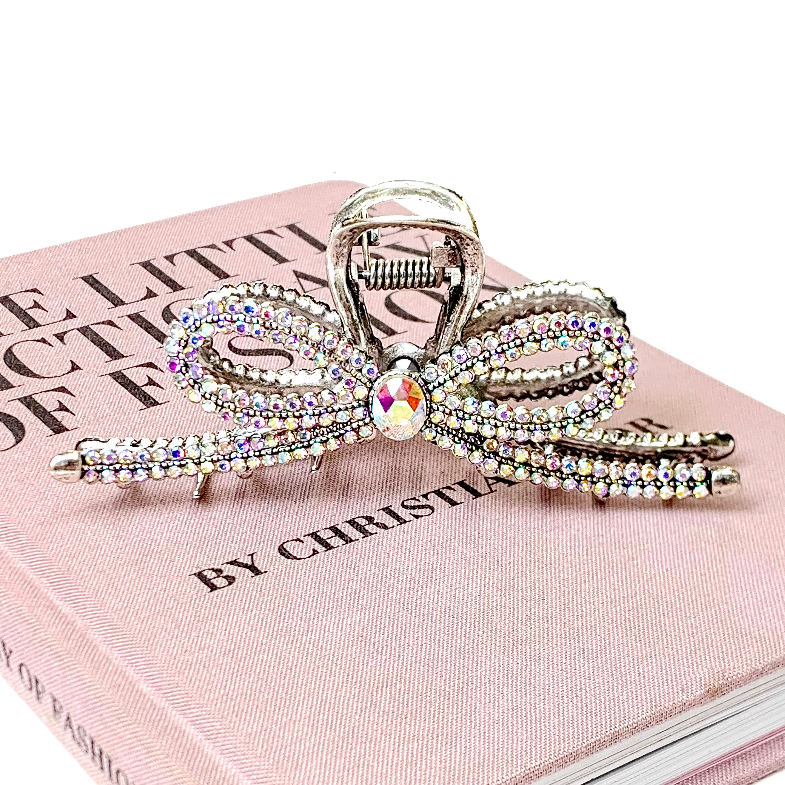 AB Crystal Embellished Ribbon Shaped Metal Hair Clip in Silver
