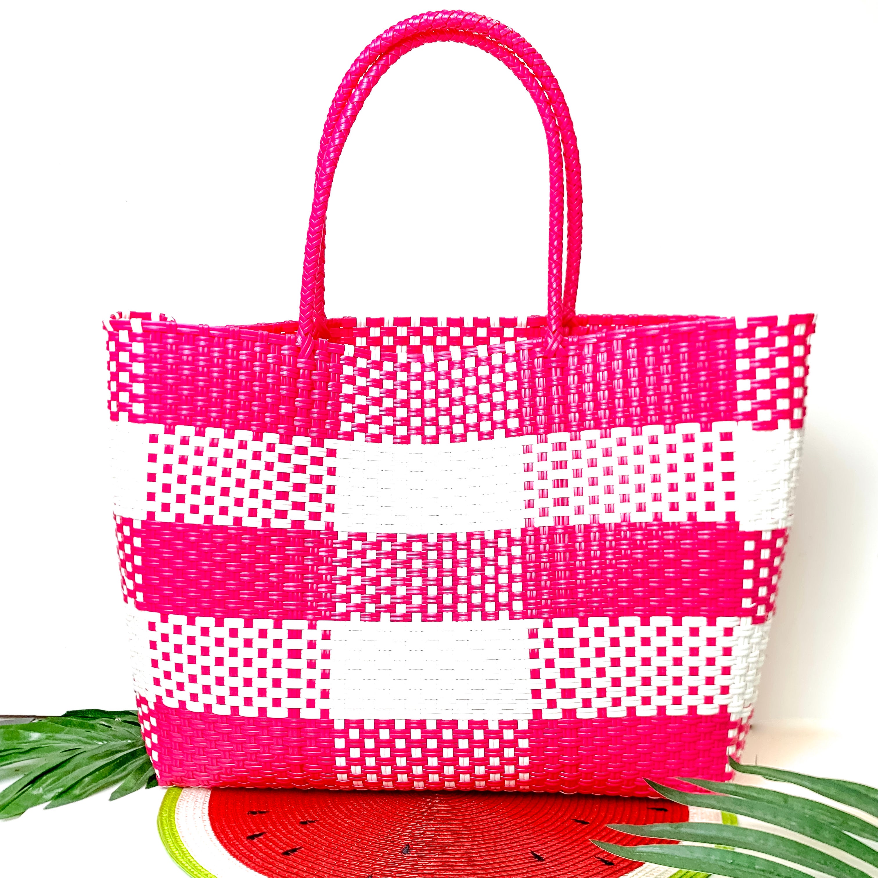 Garden Party Gingham Tote Bag in Neon Pink and White