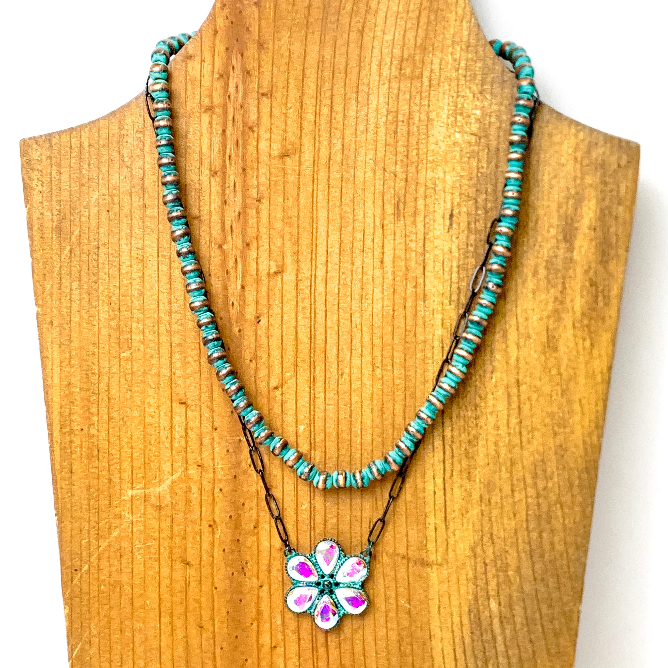 Prairie Petals Faux Navajo Pearl and Chain Necklace in Patina Tone - Giddy Up Glamour Boutique