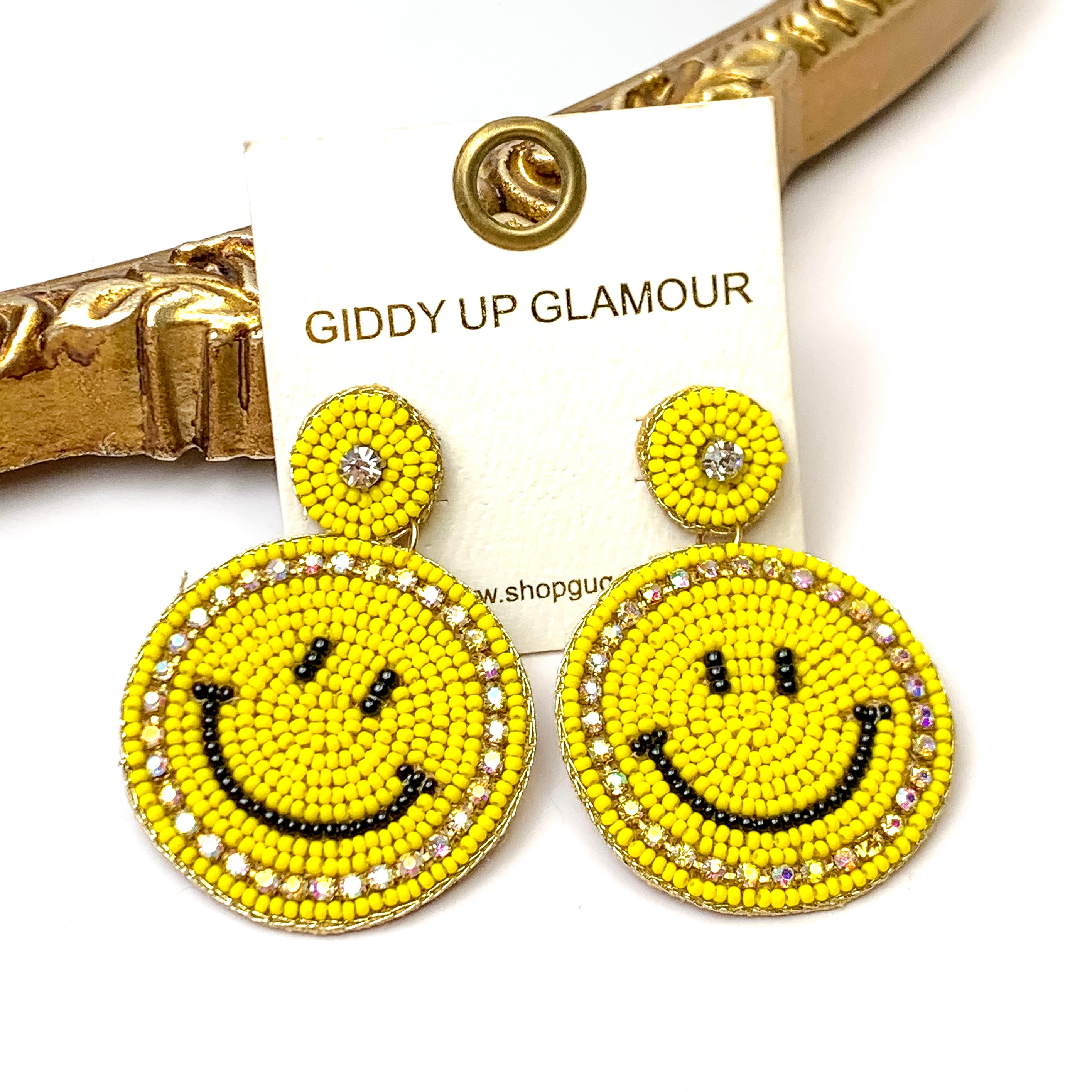 Beaded Happy Face Circle Drop Earrings with Crystal Outline in Yellow - Giddy Up Glamour Boutique