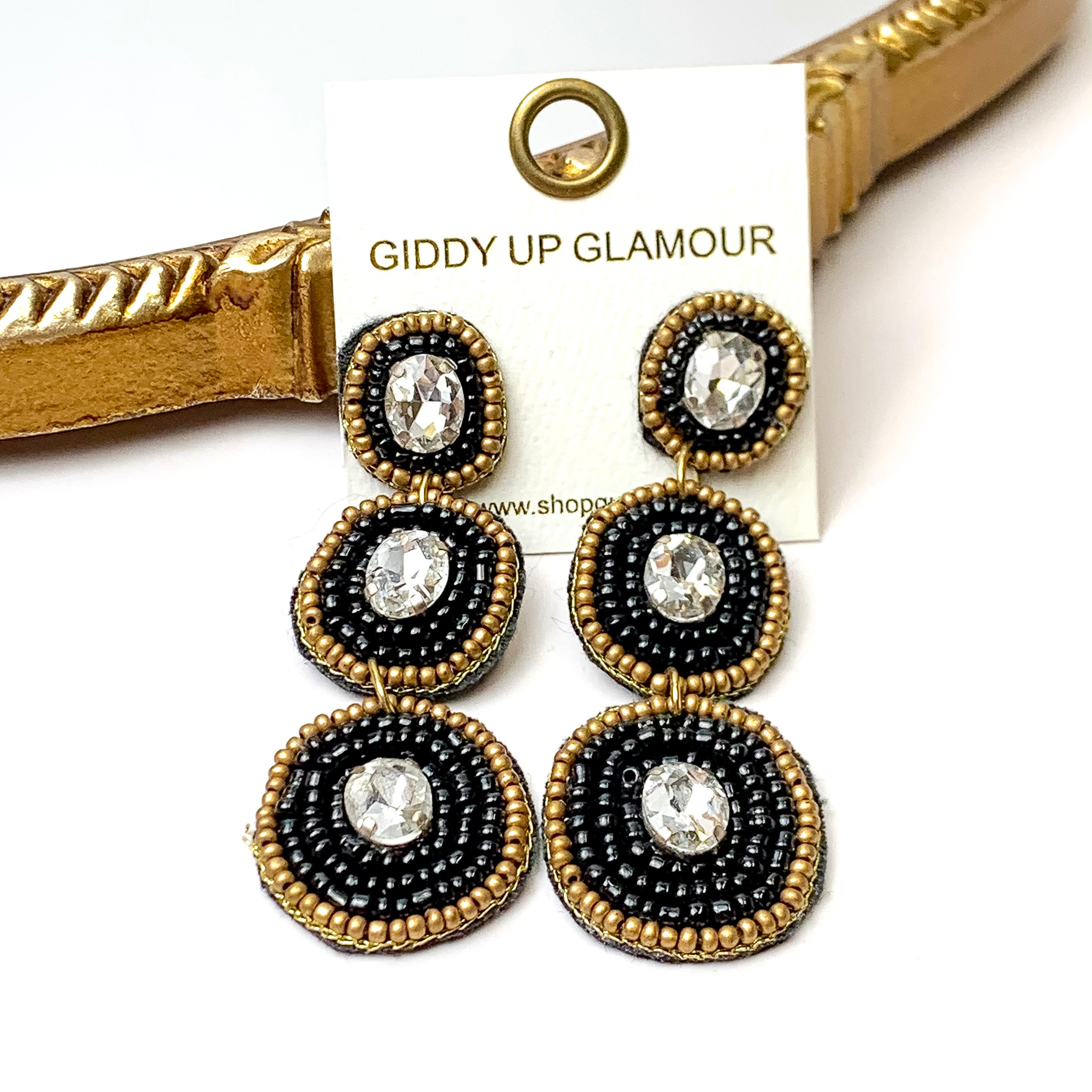 Seed Bead Drop Earrings With Glass Stone in Black - Giddy Up Glamour Boutique