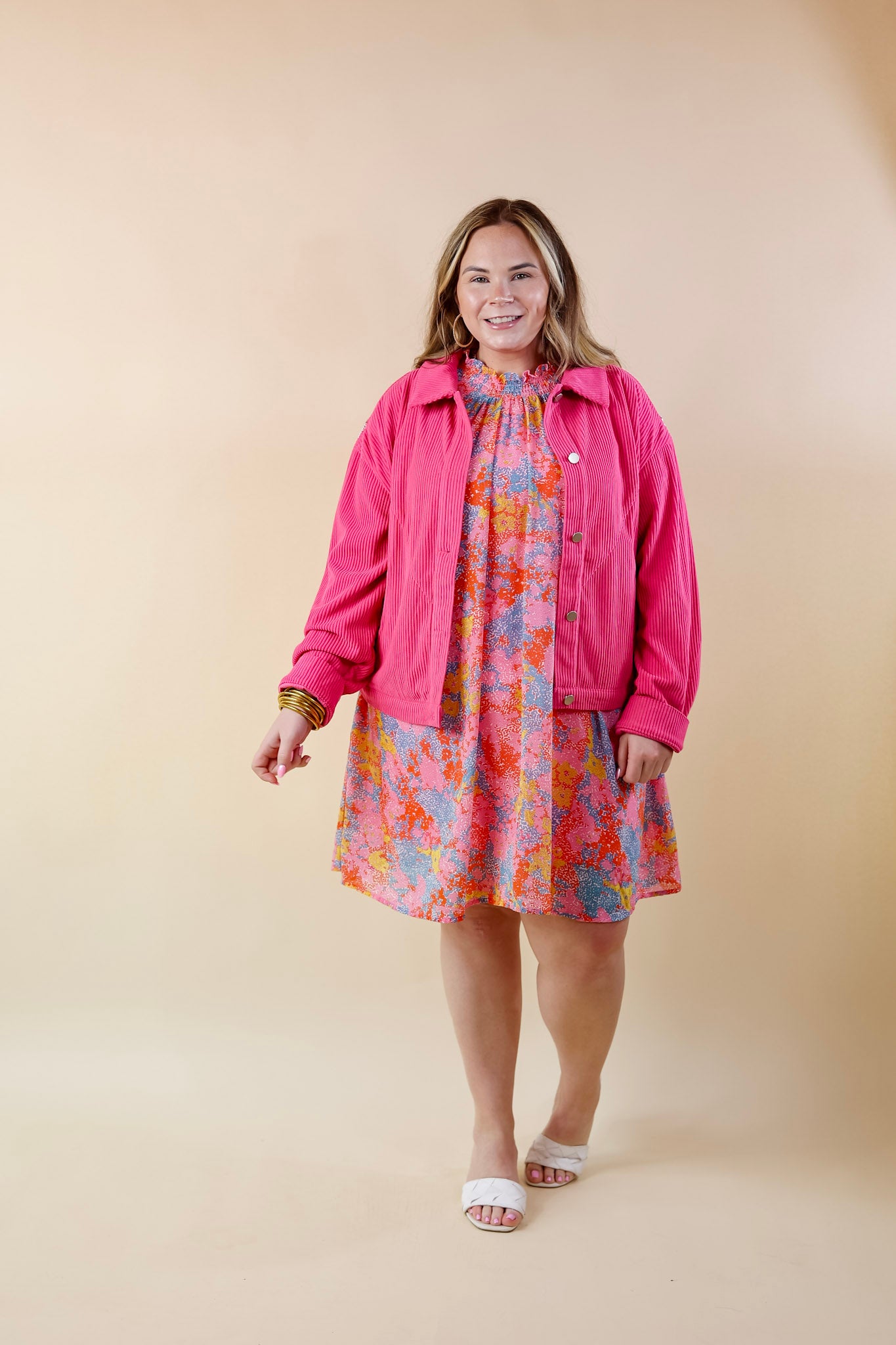 Signature Moves Button Up Corduroy Jacket with Crystal Fringe Back in Hot Pink - Giddy Up Glamour Boutique