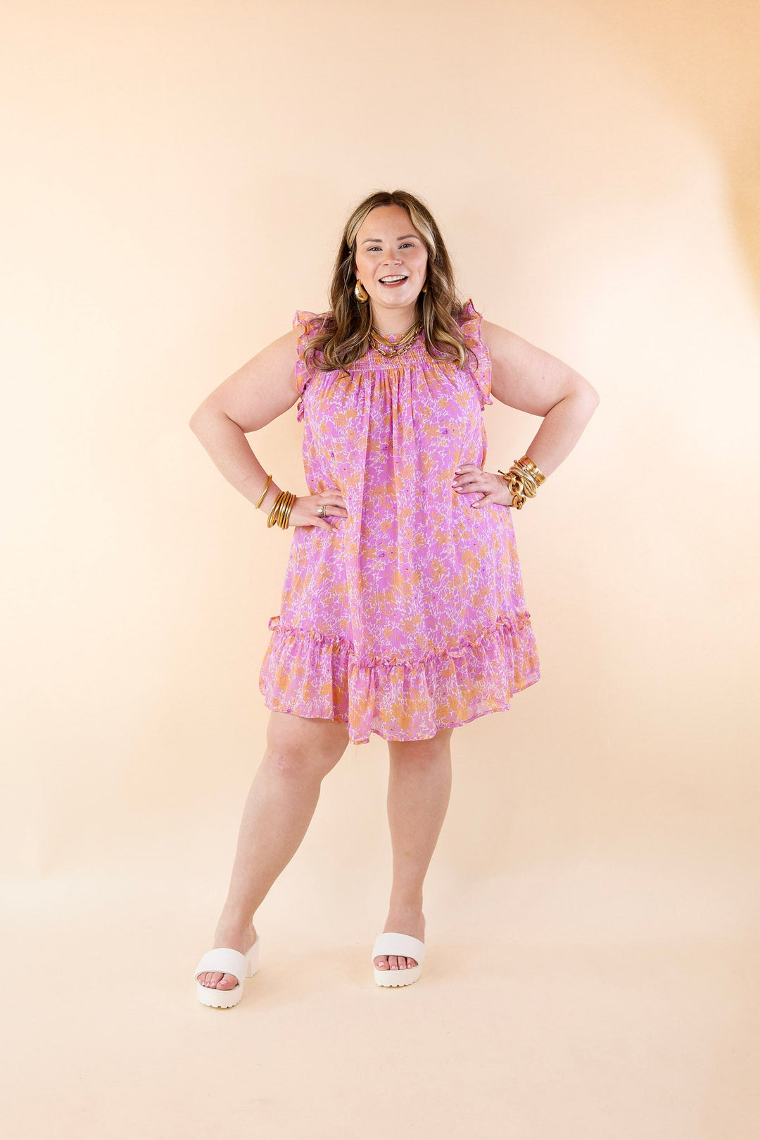 New To The Scene Floral Dress with Ruffle Cap Sleeves in Purple and Orange - Giddy Up Glamour Boutique