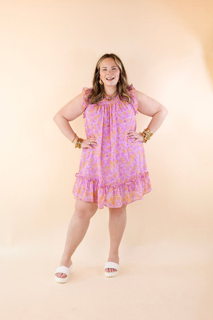 New To The Scene Floral Dress with Ruffle Cap Sleeves in Purple and Orange - Giddy Up Glamour Boutique