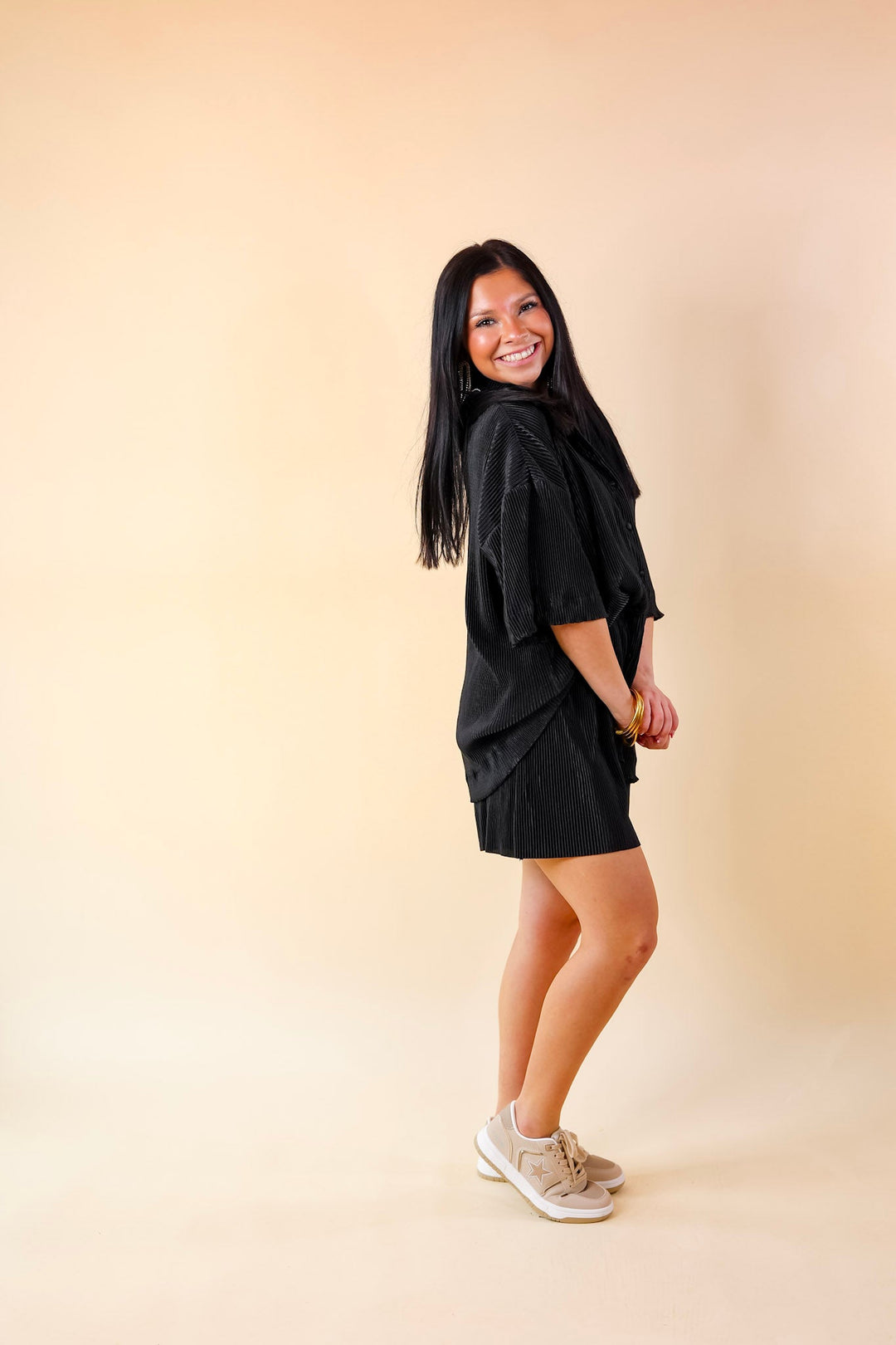 Make Me Dance Plissé Ribbed Button Up Top in Black - Giddy Up Glamour Boutique