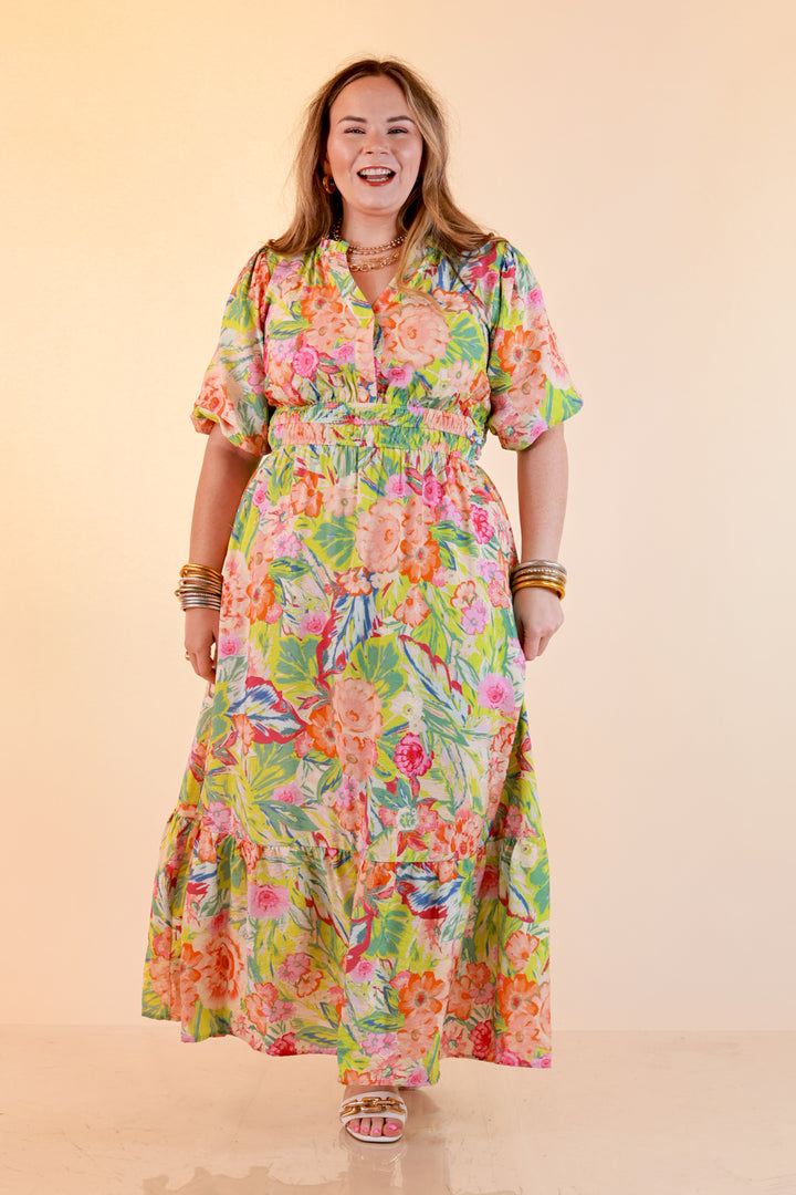Reserved for Brunch Puff Sleeve Smocked Waist Floral Maxi Dress in Green Multi