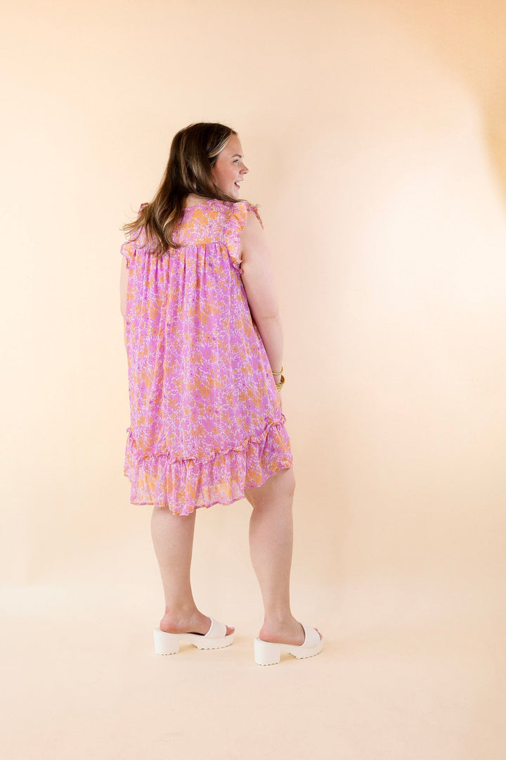 New To The Scene Floral Dress with Ruffle Cap Sleeves in Purple and Orange - Giddy Up Glamour Boutique