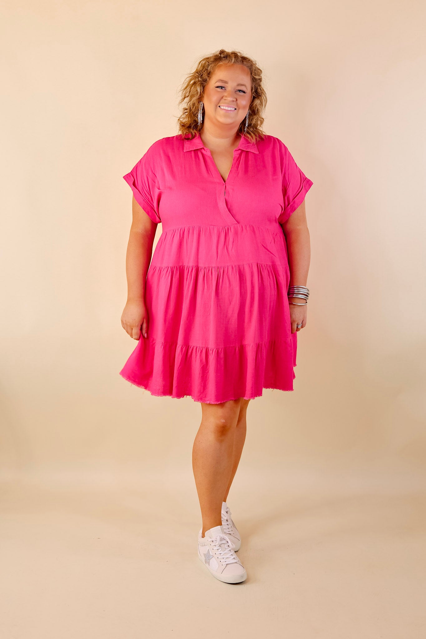 Taos Transitions Ruffle Tiered Collared Dress with Frayed Hem in Hot Pink - Giddy Up Glamour Boutique