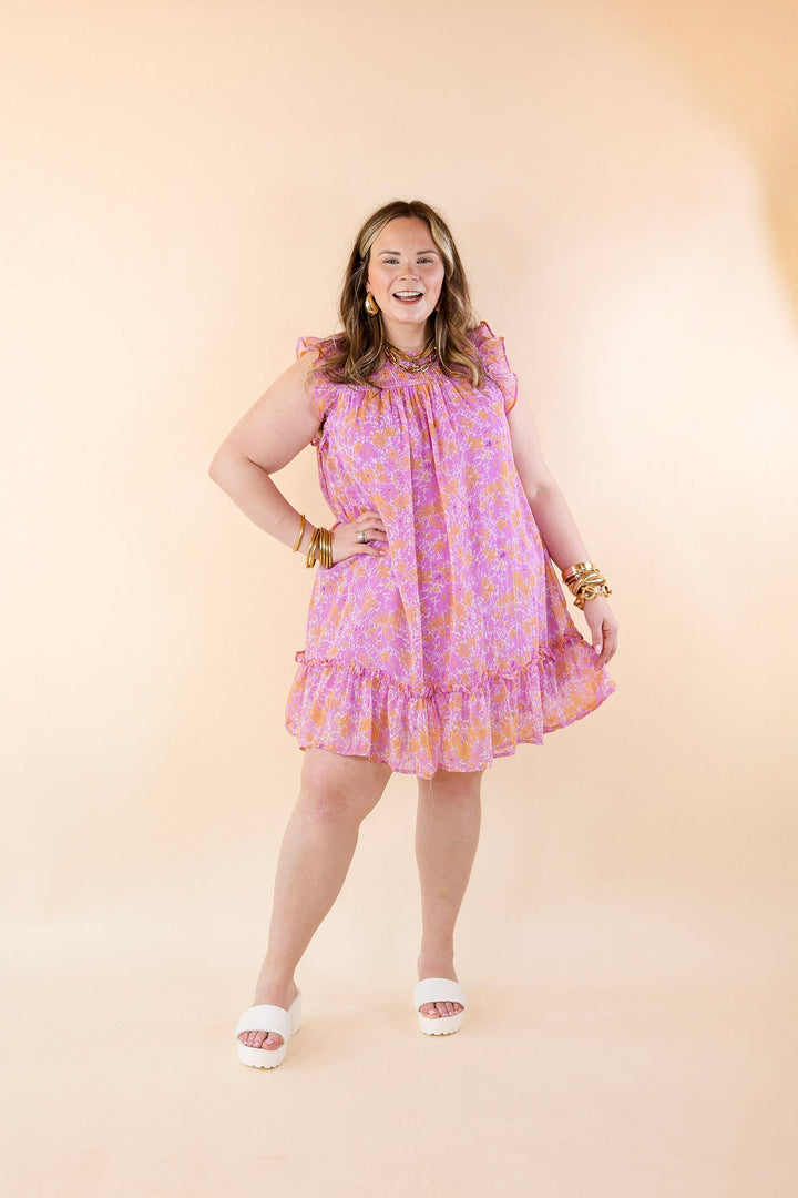New To The Scene Floral Dress with Ruffle Cap Sleeves in Purple and Orange - Giddy Up Glamour Boutique