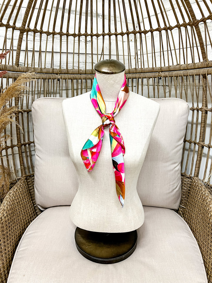 Tropical Bloom Floral Abstract Floral Silk Feel Square Scarf in Hot Pink, Teal and Tan