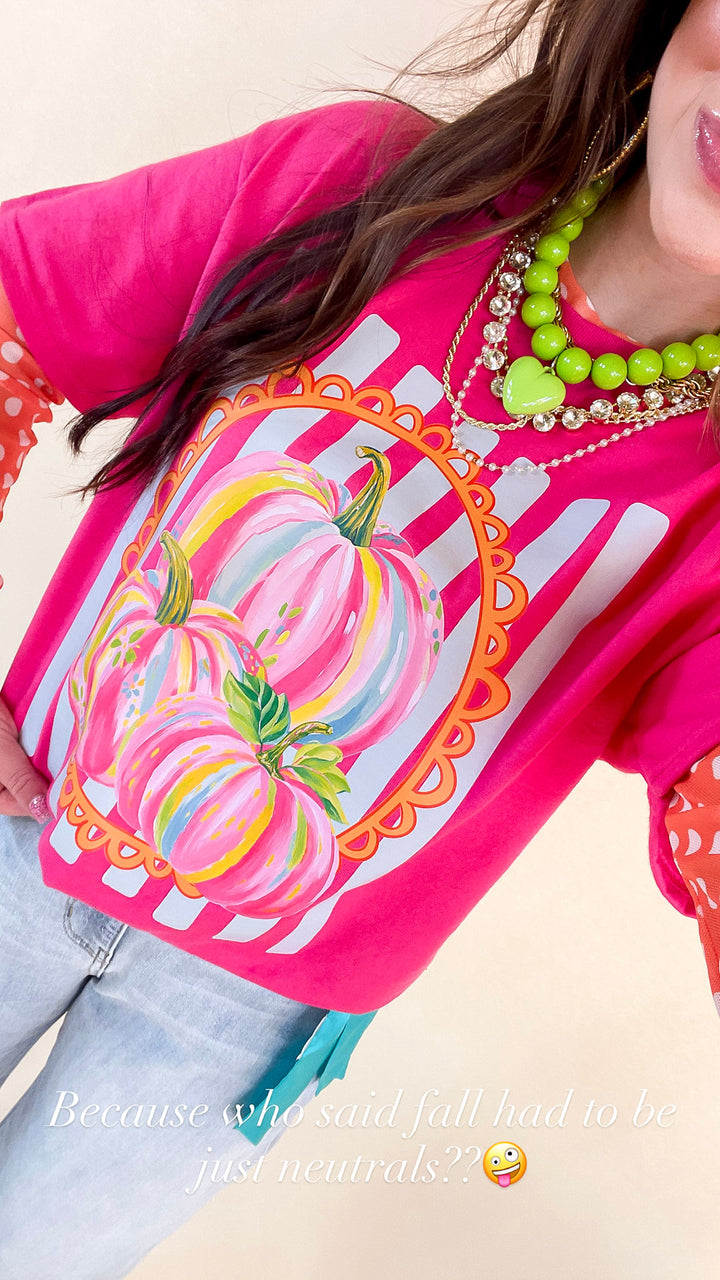 Fall in Full Color Stripe Watercolor Pumpkin Fall Graphic Tee in Hot Pink