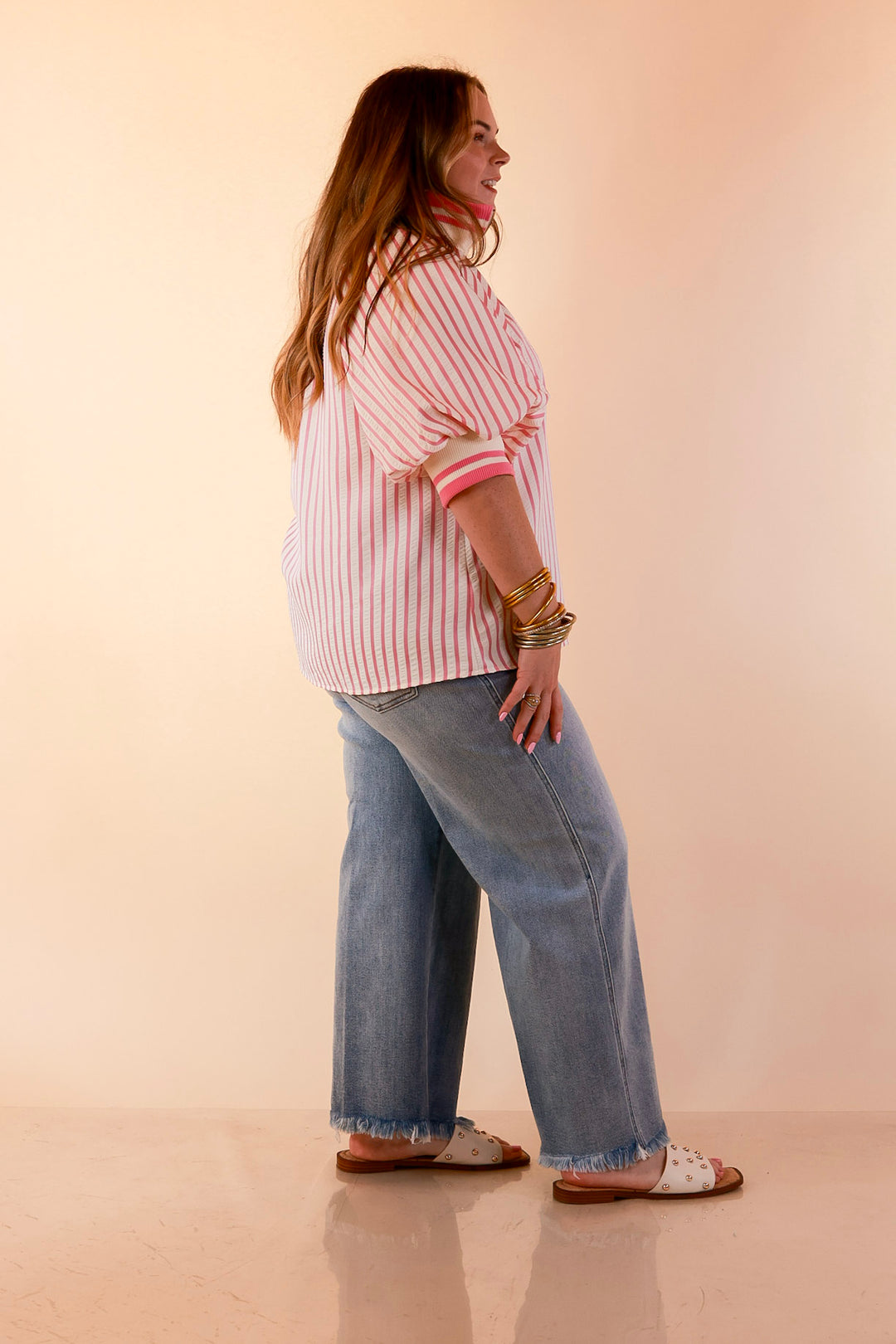 Bold Instincts Striped Print Half Zip Top with Puff Sleeves in Candy Pink and Ivory