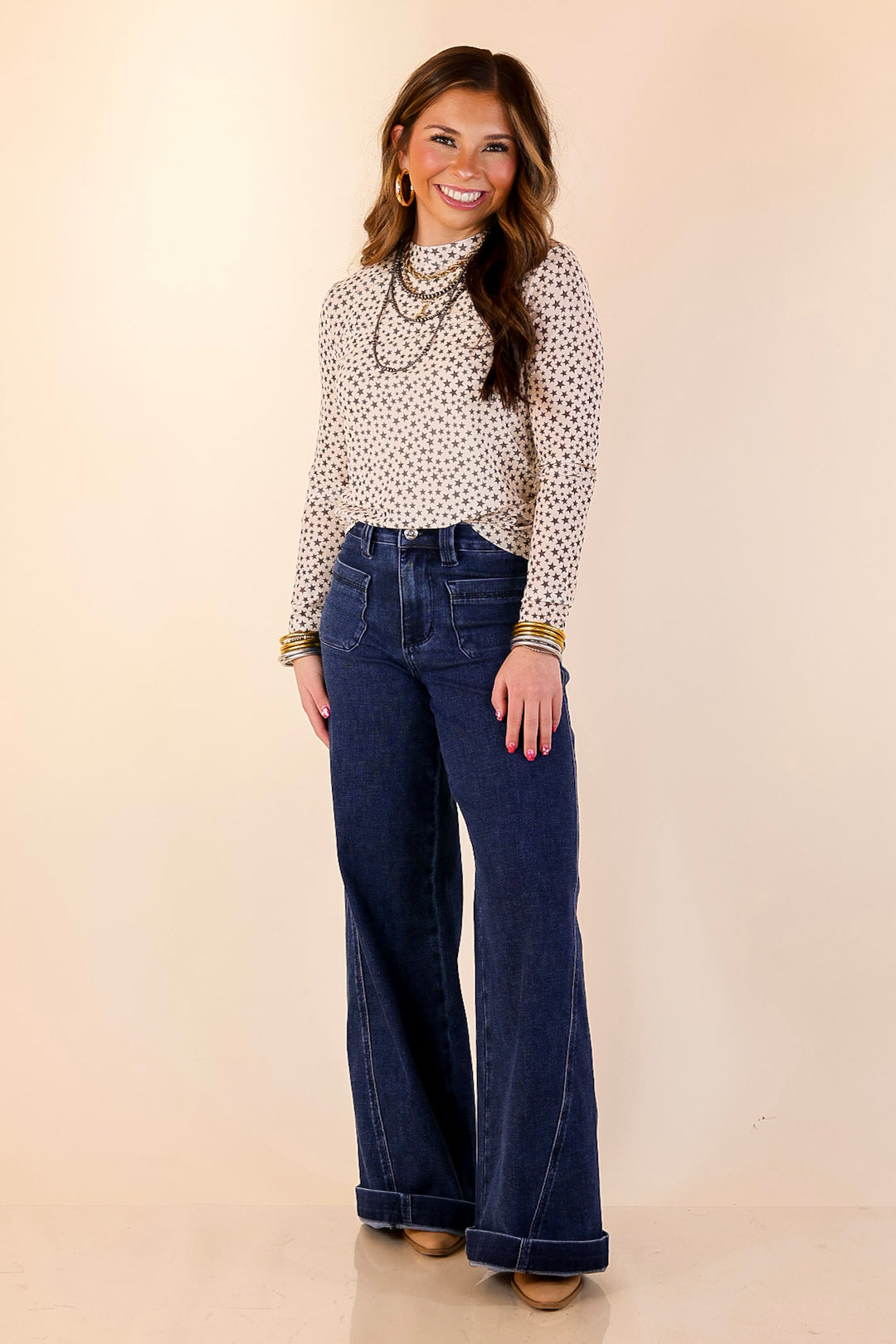 Western Dream Black Star Print Mesh Long Sleeve Top in Ivory