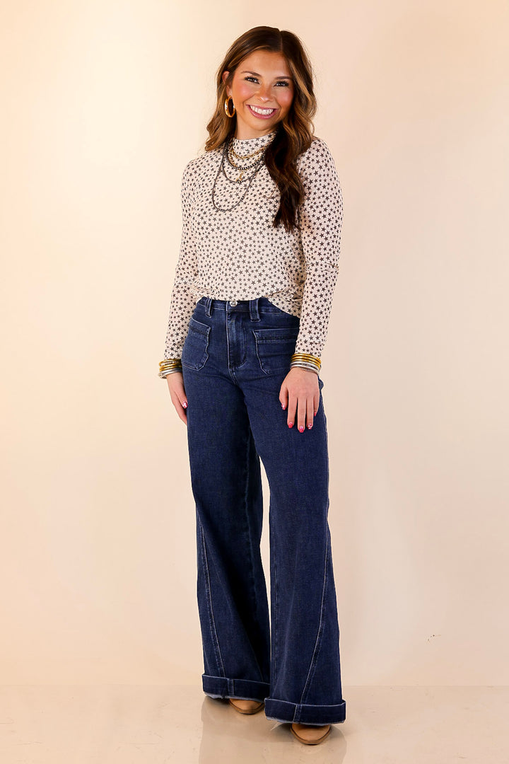 Western Dream Black Star Print Mesh Long Sleeve Top in Ivory