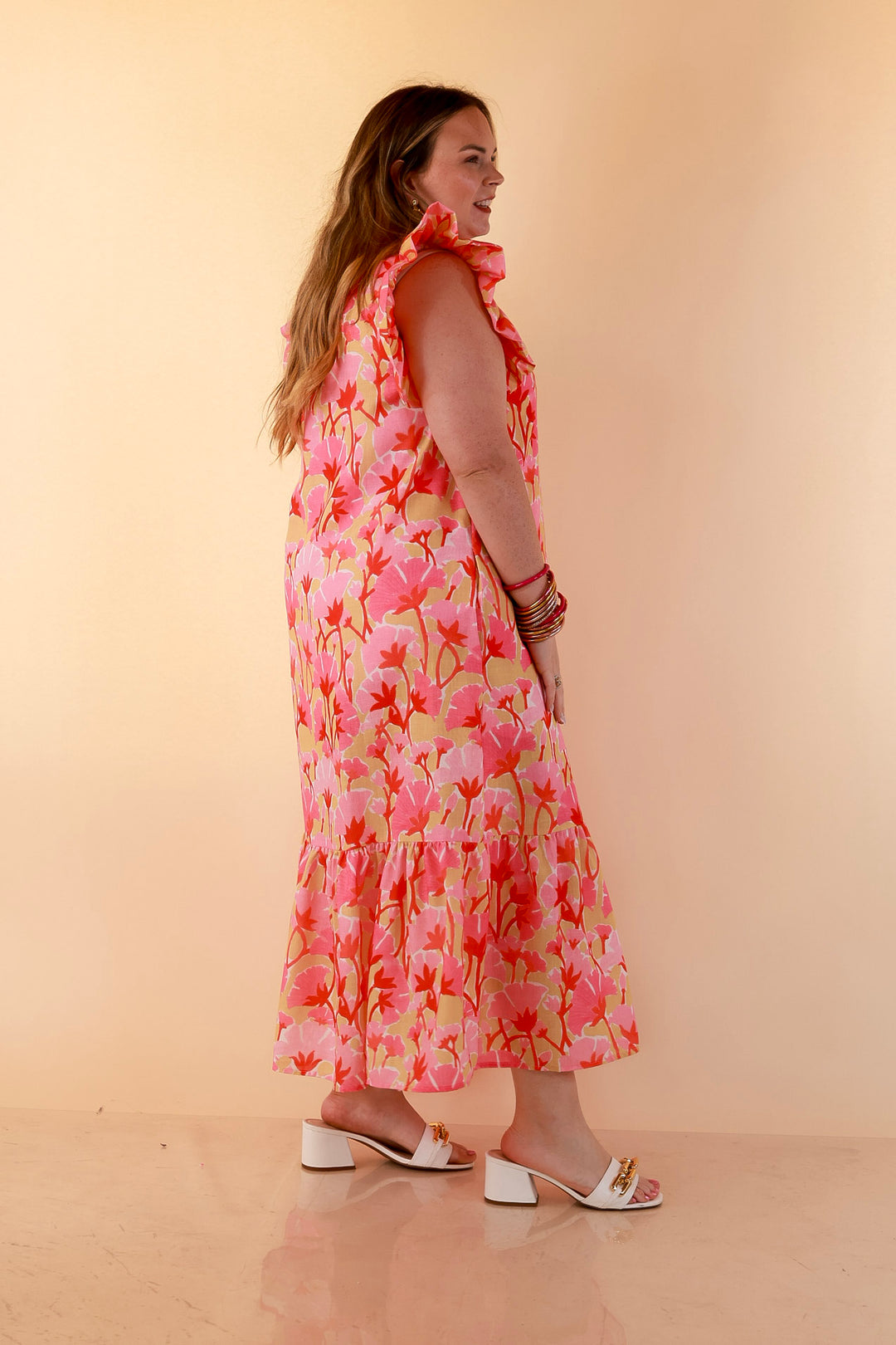 Chasing Sunshine Floral Print Ruffle Sleeve Midi Dress with Button Front and Tiered Hem in Pink, Yellow and Coral Orange
