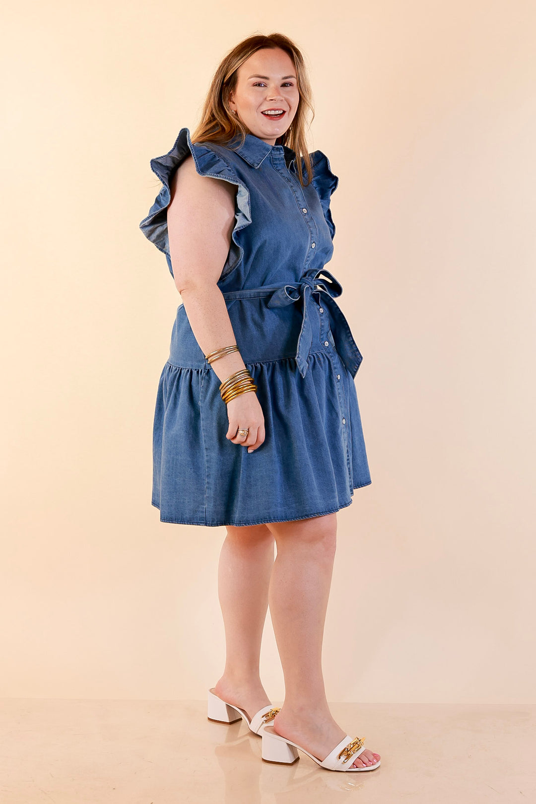Ruffled up Ruffle Sleeve Button Front Denim Dress with Collar and Peplum Hem in Medium Wash