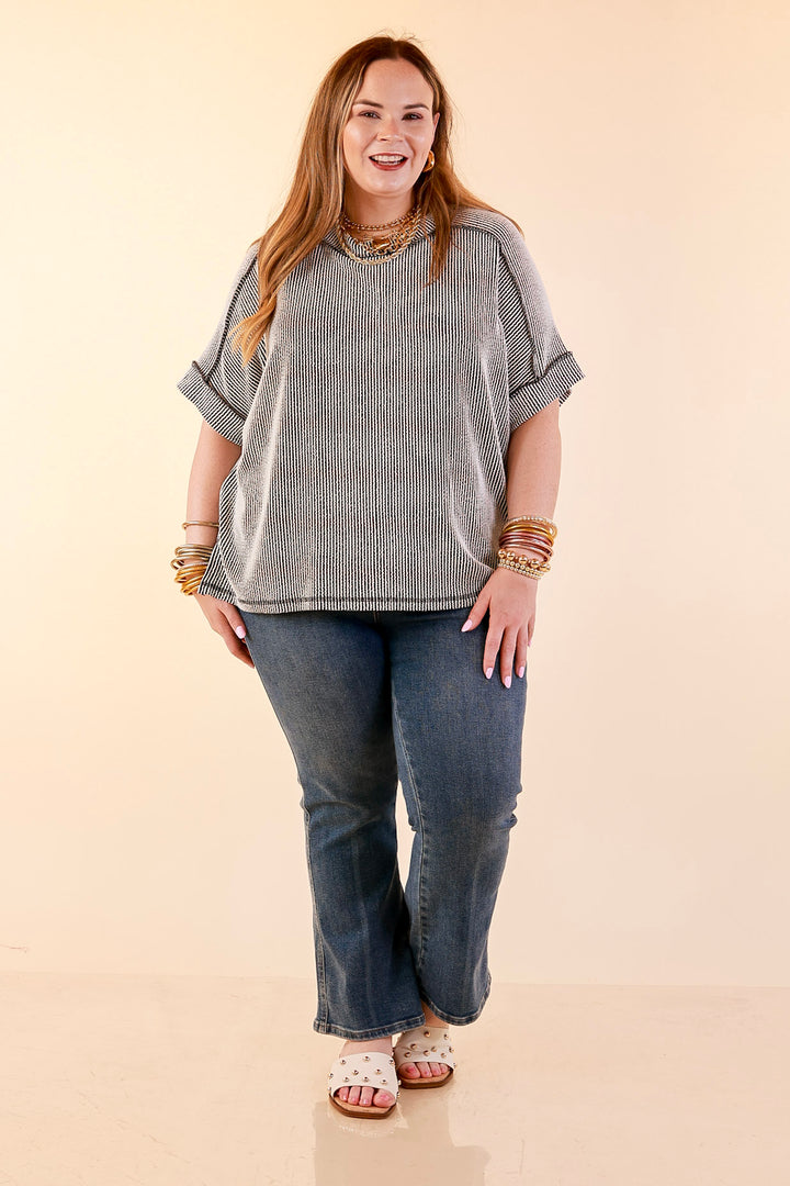 Daily Perfection Scoop Neck Short Sleeve Ribbed Top in Black and White Mix