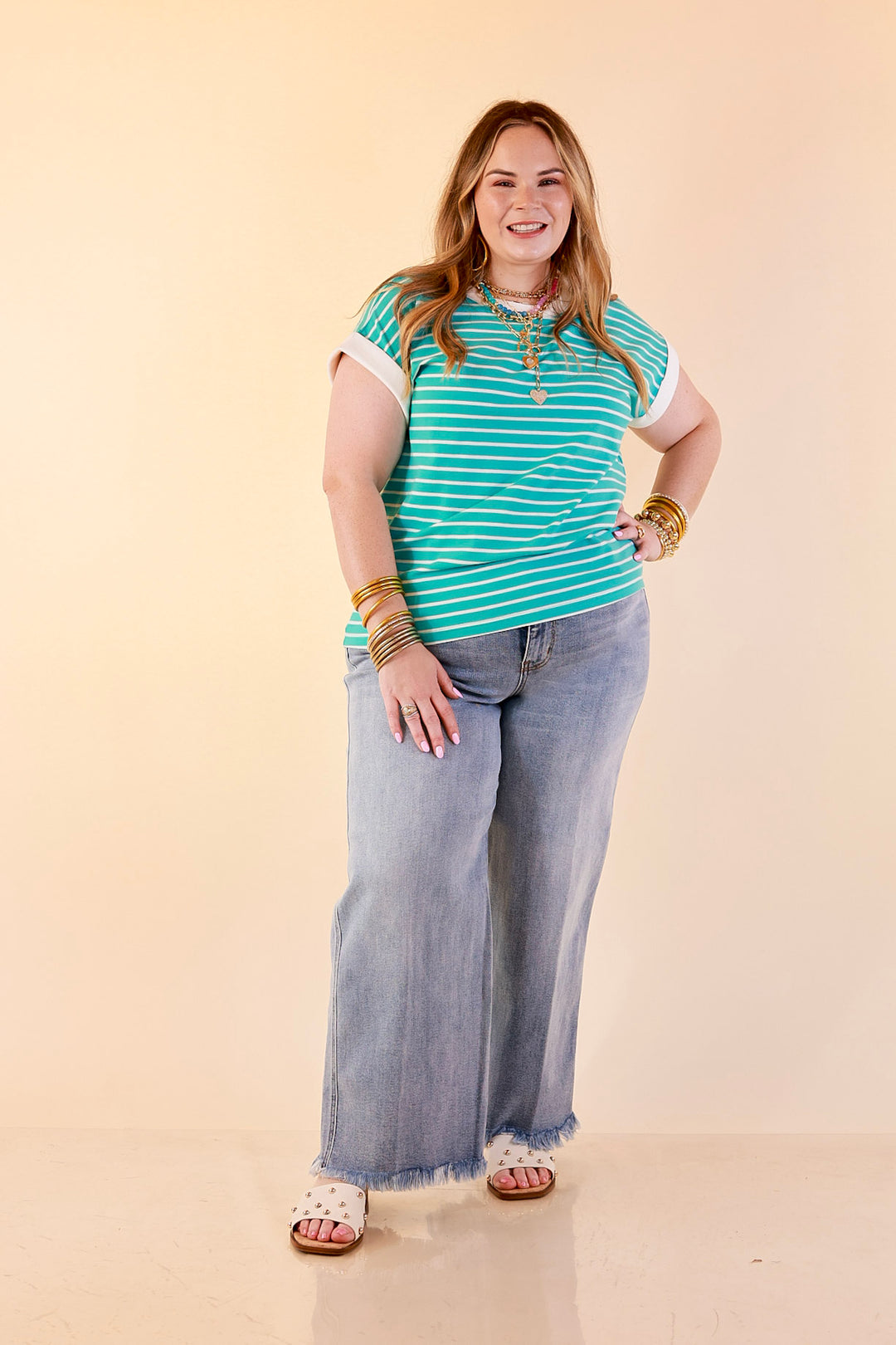 Right on Repeat Scoop Neck Cap Sleeve with Contrast Trim Striped Tee Top in Turquoise Blue