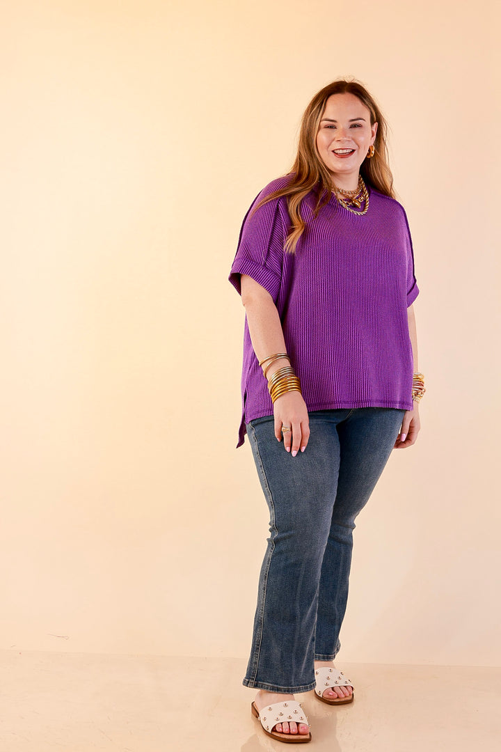 Daily Perfection Scoop Neck Short Sleeve Ribbed Top in Dark Purple