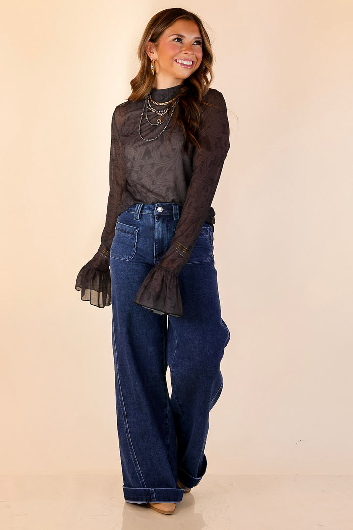 Sheer and Sophisticated Tooled Print Long Sleeve Mesh Top with Ruffle Sleeves in Black