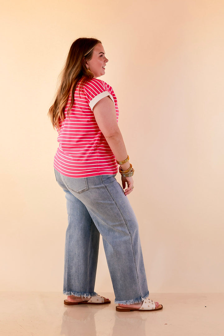 Right on Repeat Scoop Neck Cap Sleeve with Contrast Trim Striped Tee Top in Fuchsia Pink