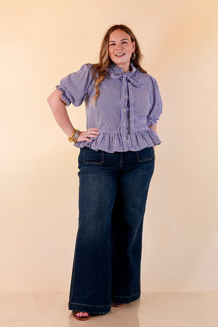 Tea Time Charm Tie Neck Puff Sleeve Peplum Button Front Stripe Blouse in Royal Blue