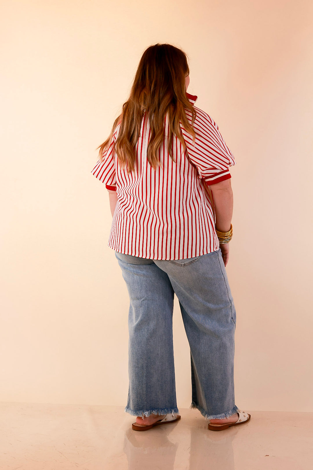 Bold Instincts Striped Print Half Zip Top with Puff Sleeves in Red and Ivory