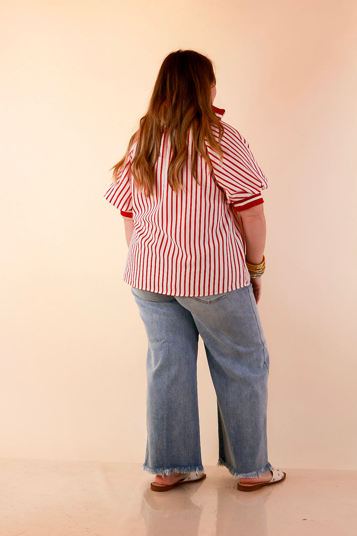 Bold Instincts Striped Print Half Zip Top with Puff Sleeves in Red and Ivory