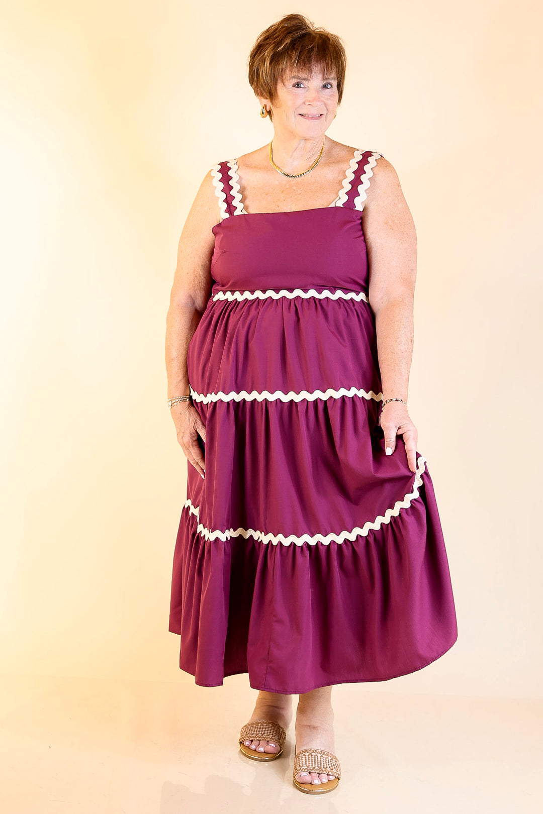 Timeless Twirl Midi Dress with Rickrack Detailing in Plum Maroon
