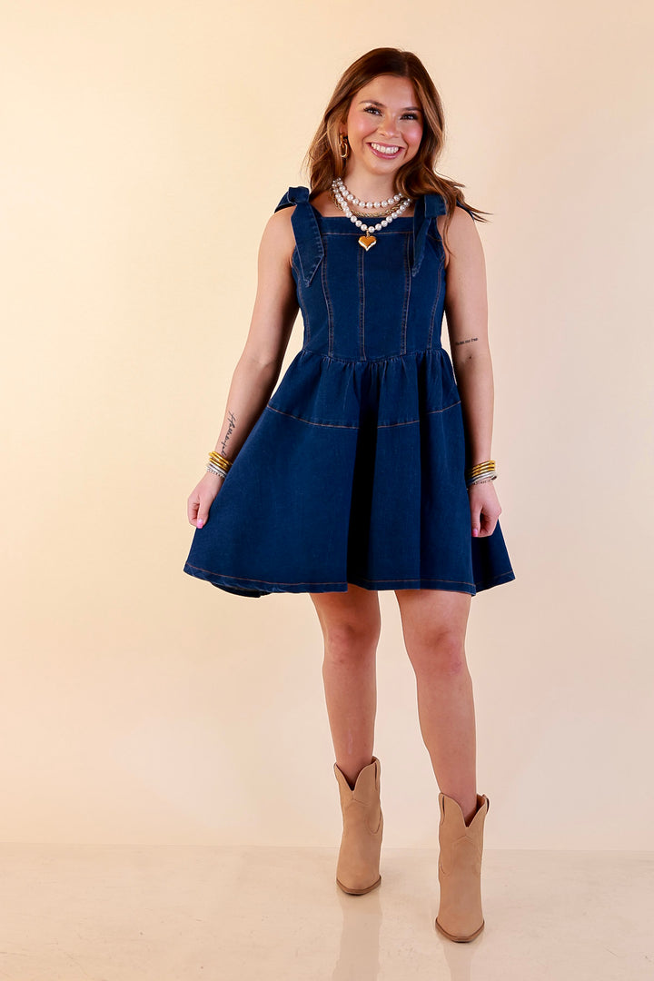 Denim Daydream Tie Shoulder Square Neck Tiered Corset Denim Mini Dress in Dark Wash