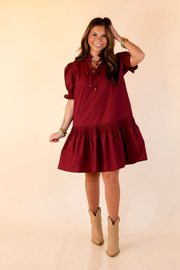 Sugar and Chic Peplum Solid Dress with Puff Sleeves in Maroon