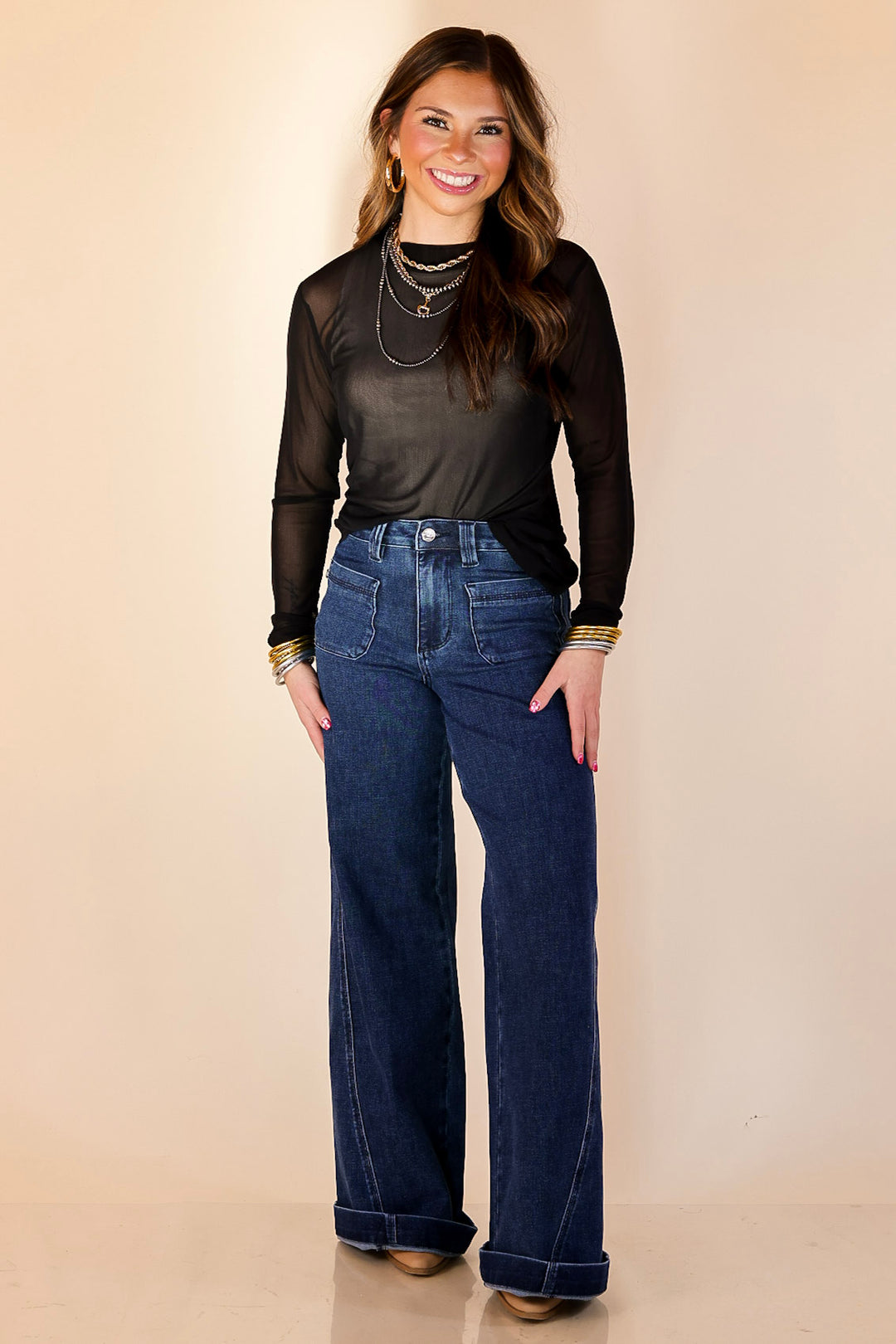 Sheer Confidence Solid Mesh Long Sleeve Top in Black