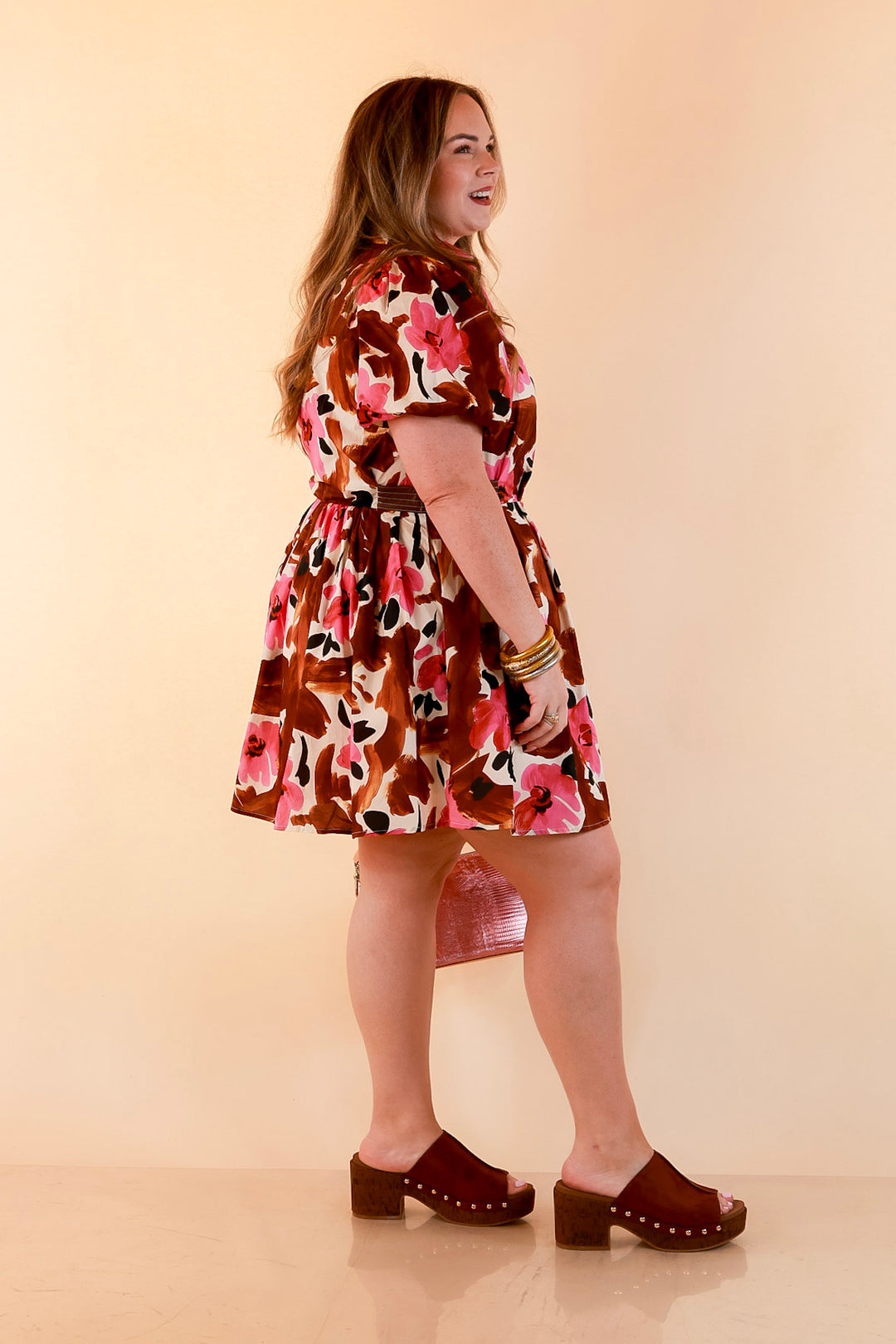 The Art of Style Floral Button Front Puff Sleeve Dress in Pink and Chocolate Brown