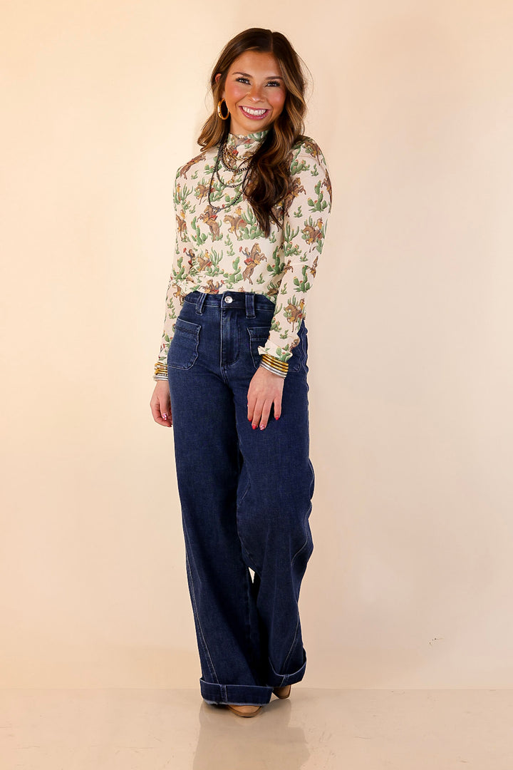 Western Dream Cowboy and Cacti Print Long Sleeve Mesh Top in Ivory