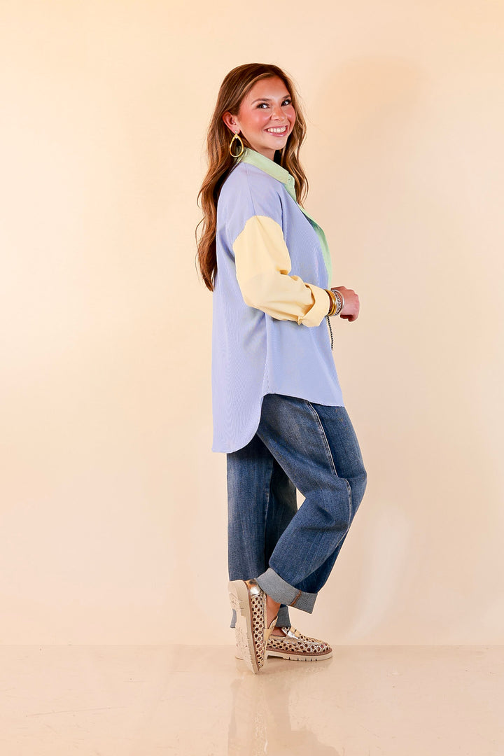 GUG Original | Sweet Harmony Long Sleeve Button Down Color Block Pinstripe Shirt in Bright Mix