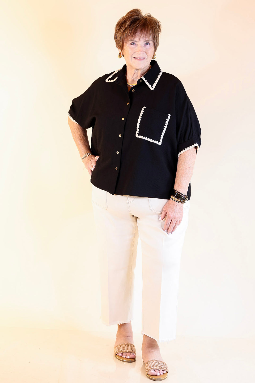 In Good Company Button Up Top with Scalloped Trim Stitching in Black