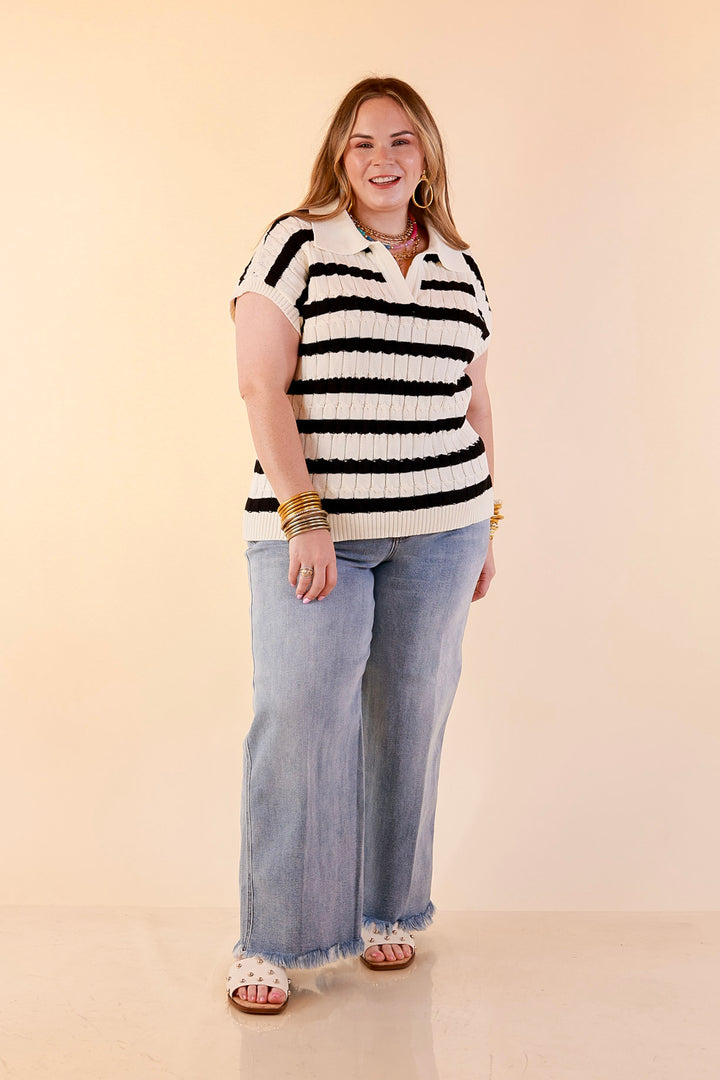 Signature Stripe Drop Shoulder Cable Knit Collared Polo Top in Ivory with Black Stripes