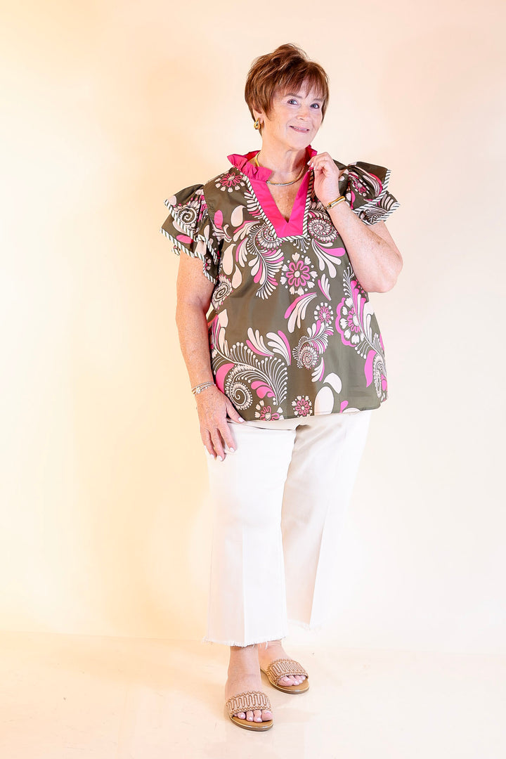 First Impressions V Neck Paisley Top with Ruffle Cap Sleeves and Stripe Detailing in Olive Green