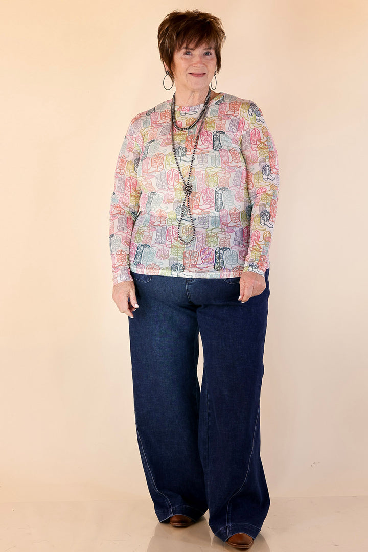 Western Dream Neon Boot Print Mesh Long Sleeve Top in White