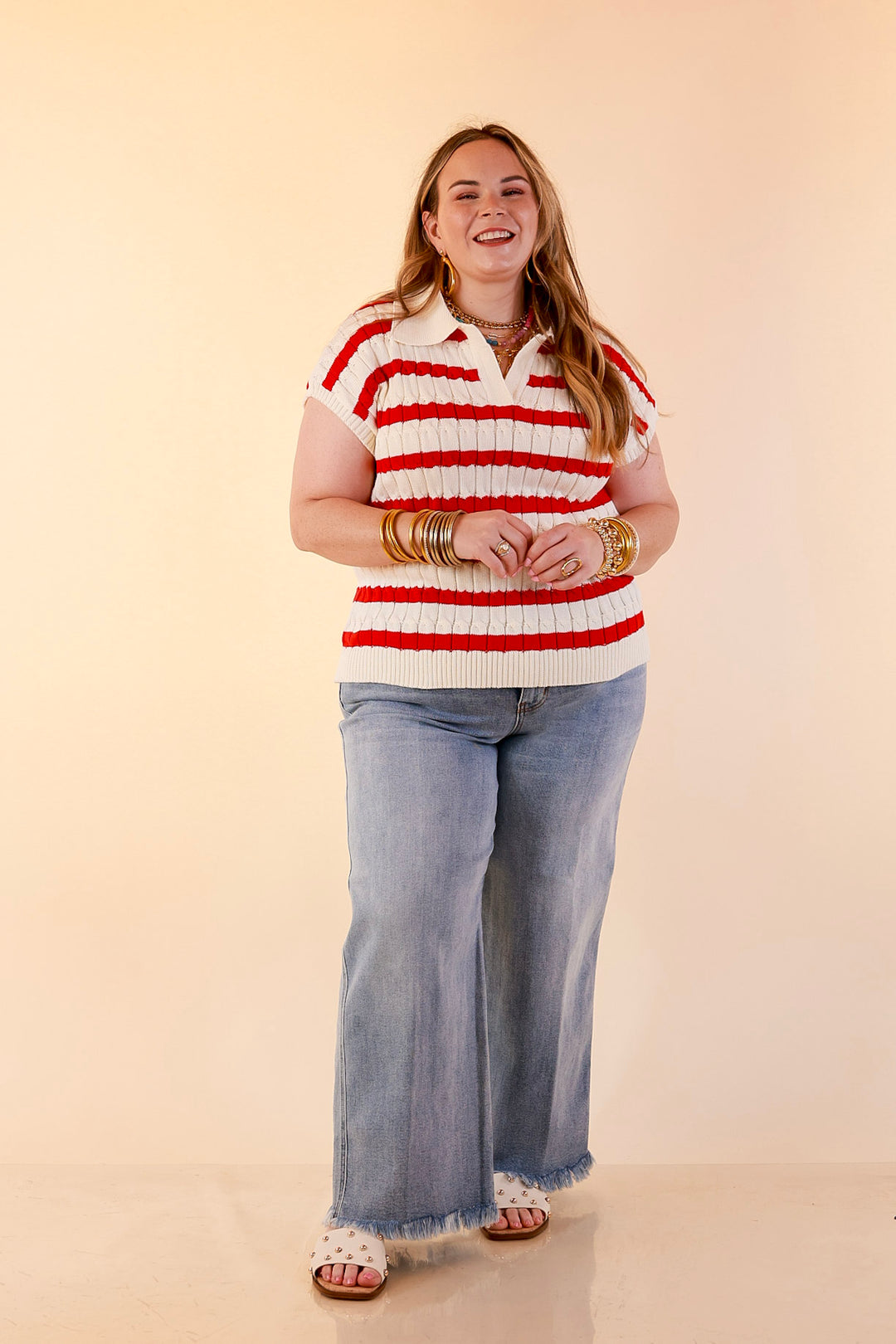 Signature Stripe Drop Shoulder Cable Knit Collared Polo Top in Ivory with Red Stripes