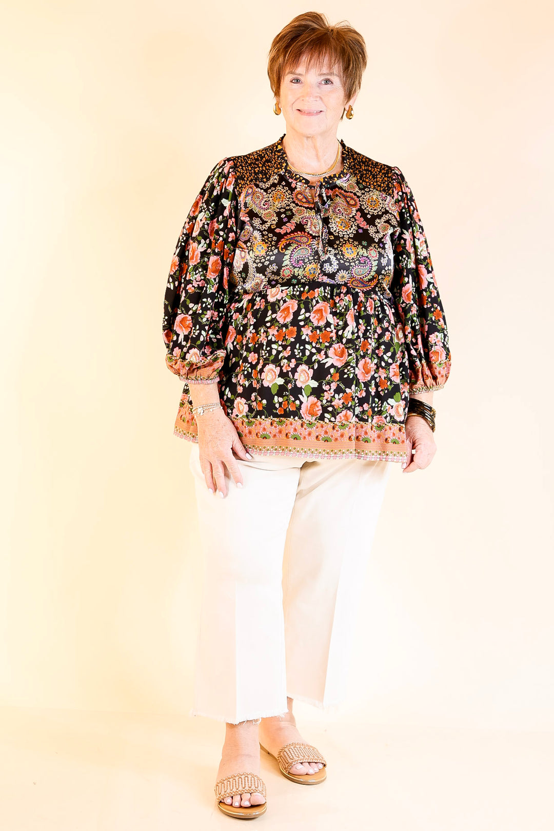 Floral Fusion Long Sleeve Floral Print Top in Black