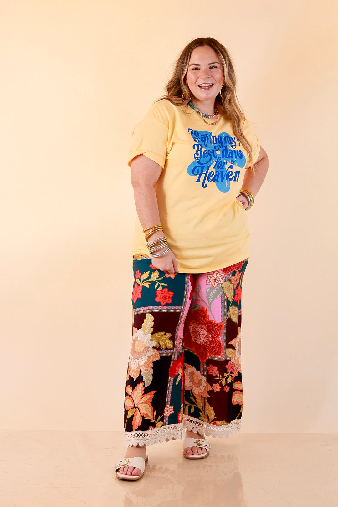 Good Things Coming "Saving My Best Days for Heaven" Flower Print Short Sleeve Graphic Tee in Butter Yellow
