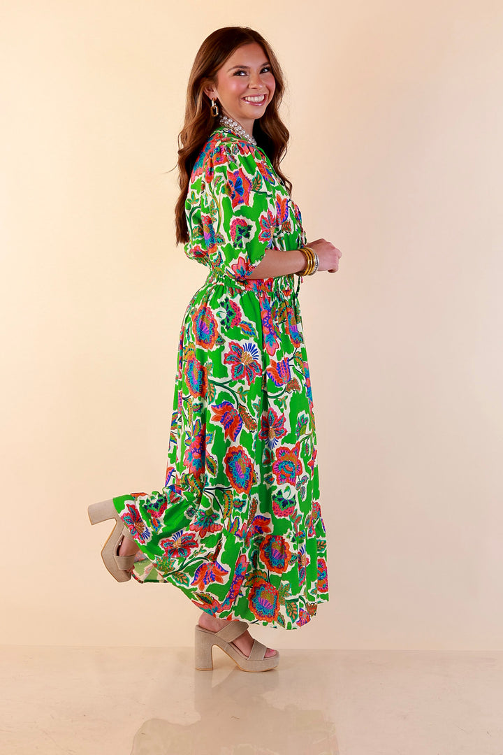 Color Me Happy Floral Print Midi Dress with Tie Neckline and Puff Sleeves in Green