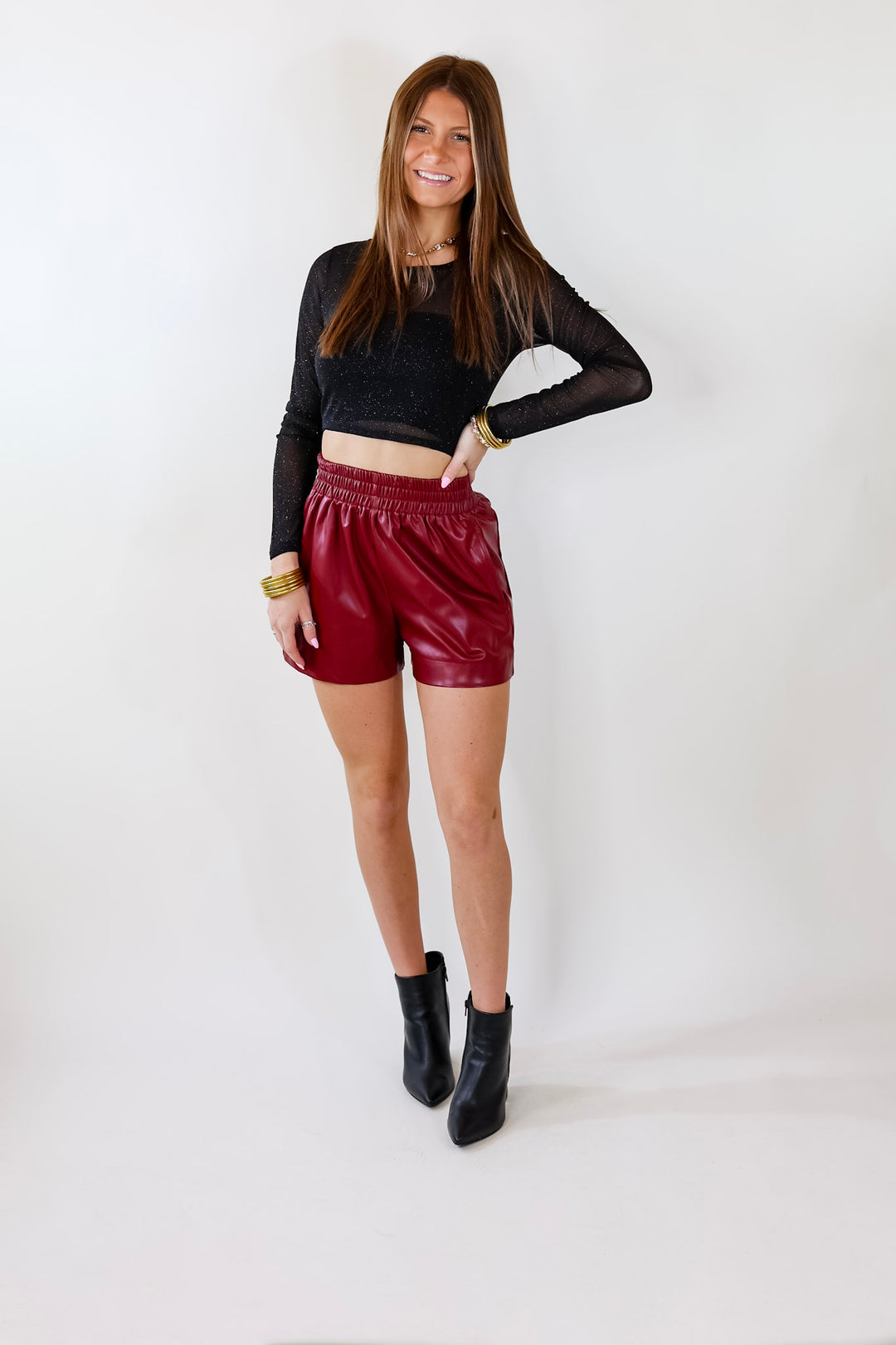 Lucky Timing Shimmery Long Sleeve Crop Top in Black - Giddy Up Glamour Boutique