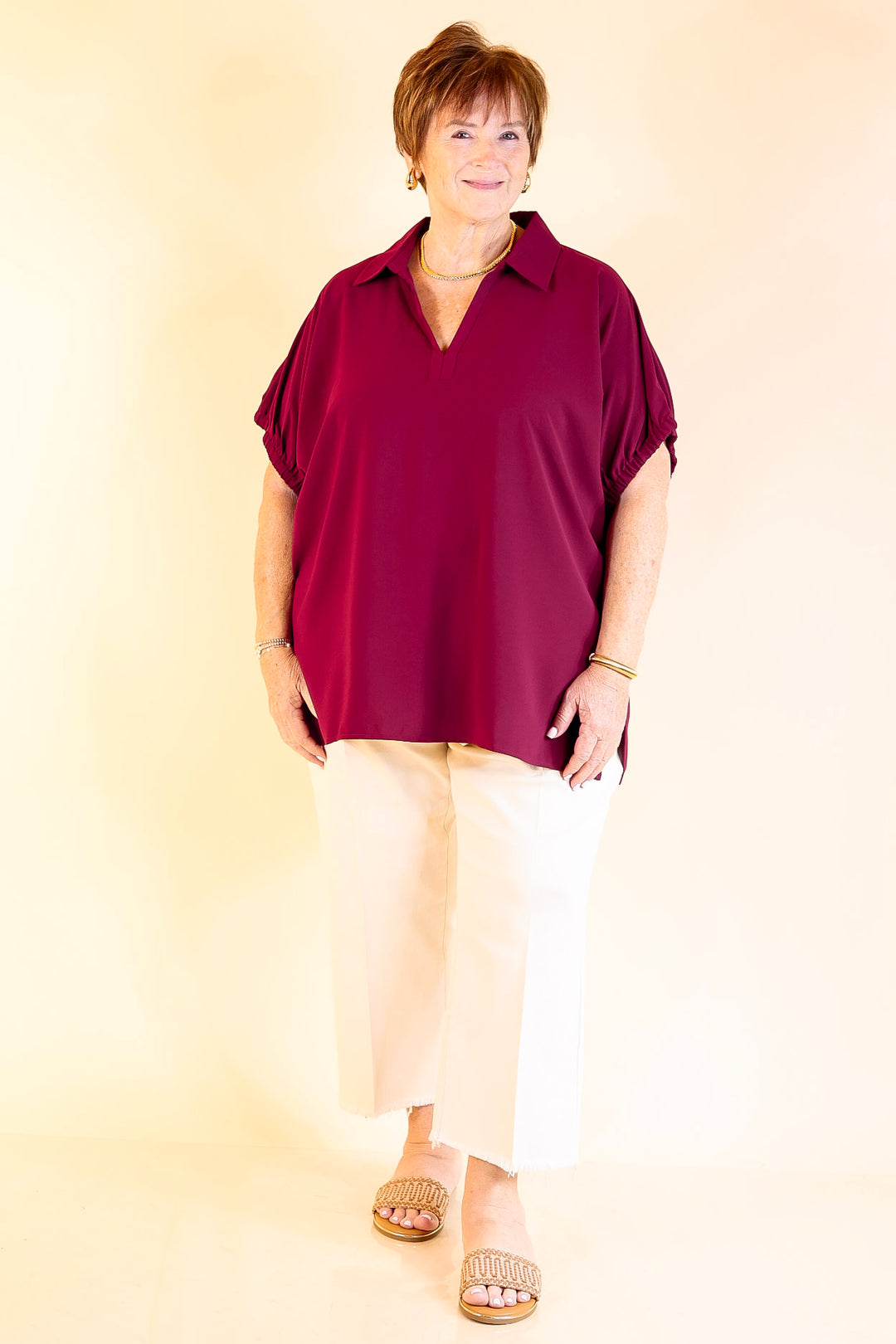 Fresh Start Collared V-Neck Blouse With Drop Shoulder in Maroon