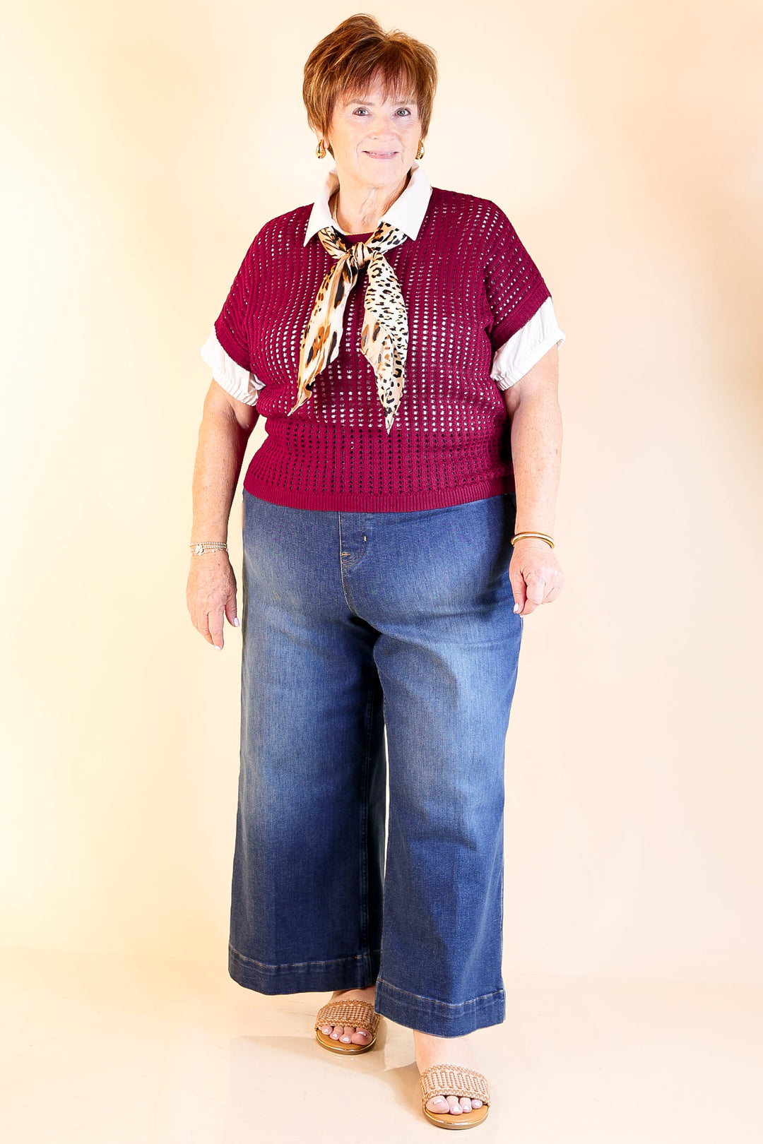 Breezy Intentions Open Knit Short Sleeve Sweater in Maroon