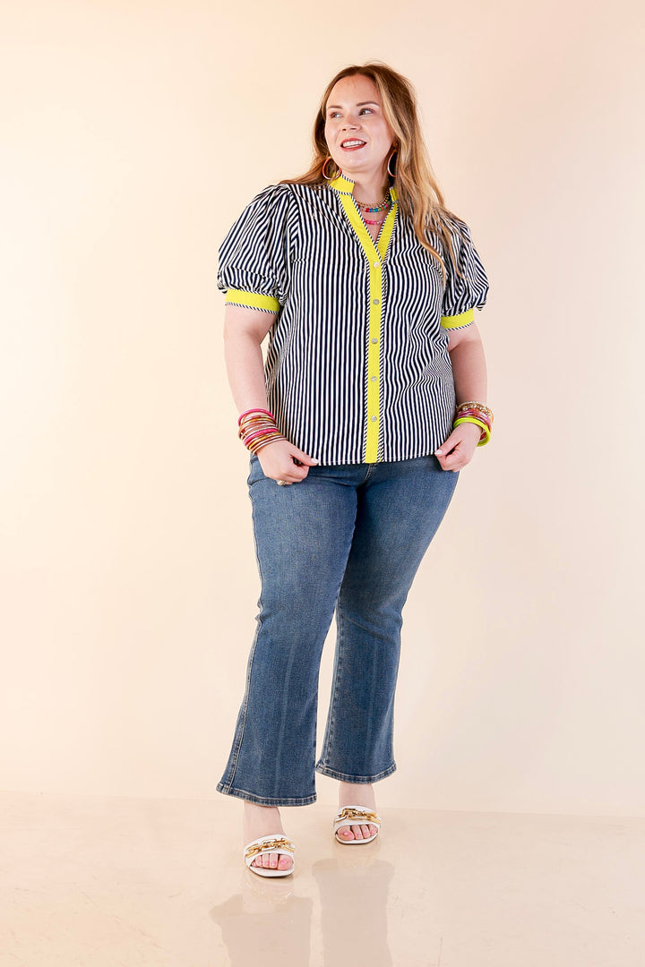 Pop of Polish Short Puff Sleeve Button Front Top with Contrast Trim in Navy Blue, White and Lime